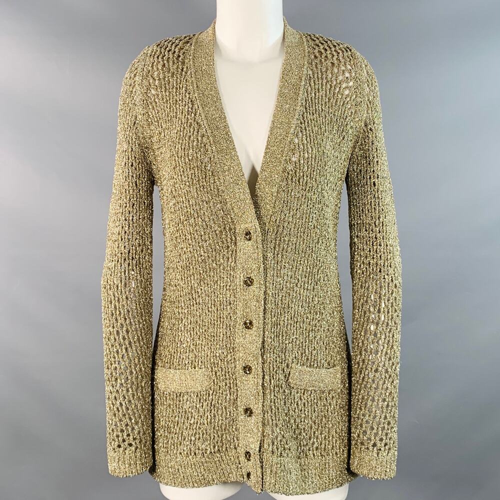 MARC JACOBS Size S Gold Nylon Metallic Knit Buttoned Cardigan